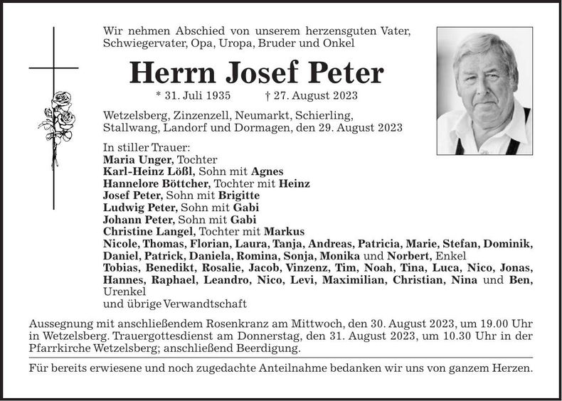Traueranzeige Josef Peter