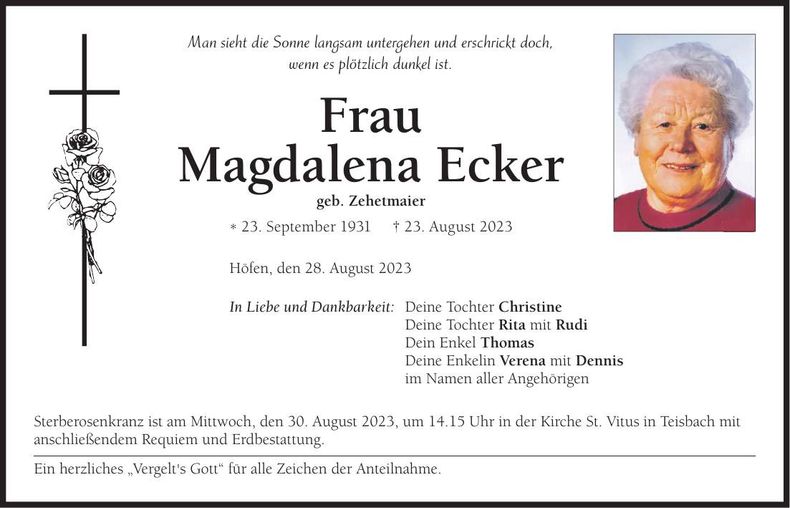 Traueranzeige Magdalena Ecker