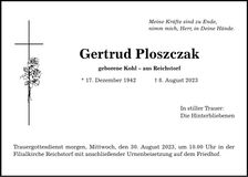 Traueranzeige Gertrud Ploszczak