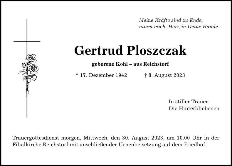 Traueranzeige Gertrud Ploszczak