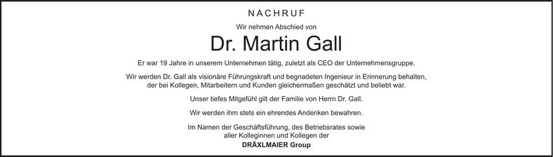 Traueranzeige Martin Dr. Gall