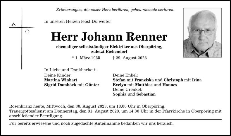 Traueranzeige Johann Renner