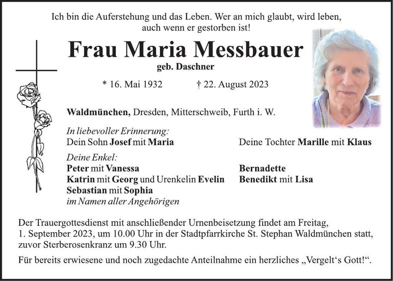 Traueranzeige Maria Messbauer