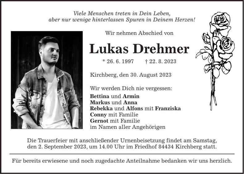 Traueranzeige Lukas Drehmer