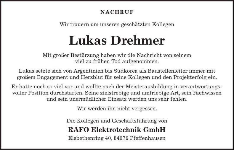 Traueranzeige Lukas Drehmer