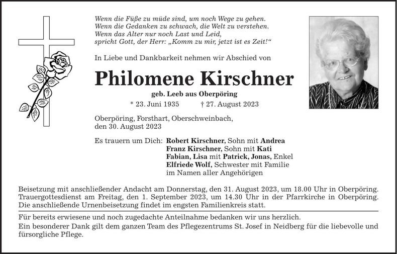 Traueranzeige Philomene Kirschner