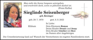 Traueranzeige Sieglinde Seisenberger