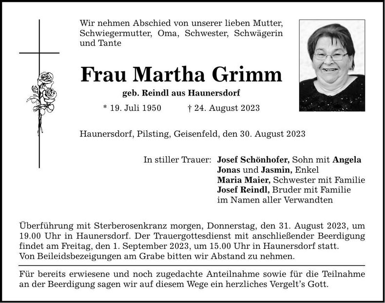 Traueranzeige Martha Grimm