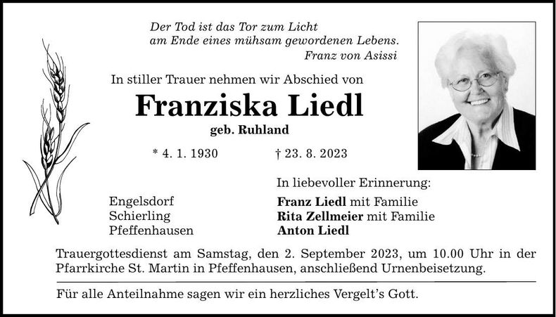 Traueranzeige Franziska Liedl