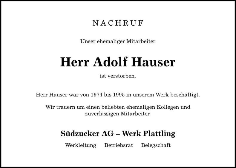 Traueranzeige Adolf Hauser