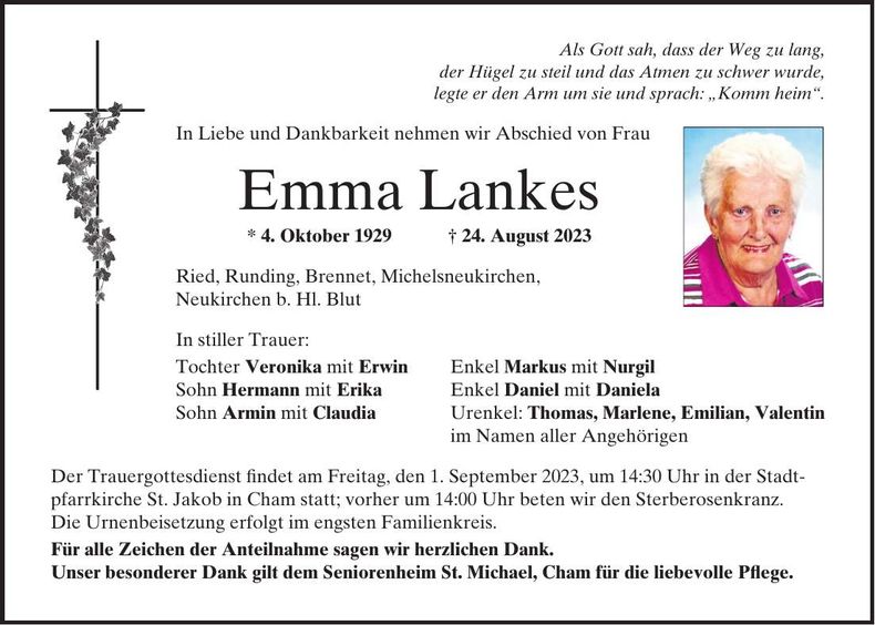 Traueranzeige Emma Lankes