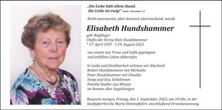 Traueranzeige Elisabeth Hundshammer