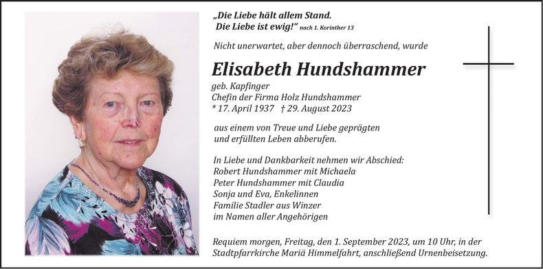 Traueranzeige Elisabeth Hundshammer