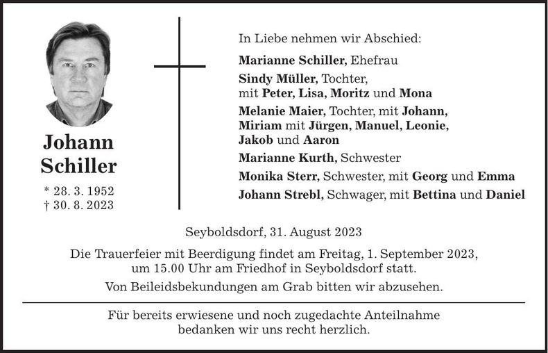 Traueranzeige Johann Schiller