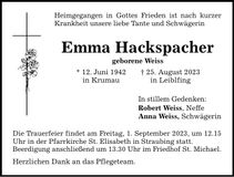 Traueranzeige Emma Hackspacher