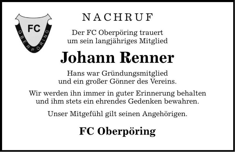 Traueranzeige Johann Renner