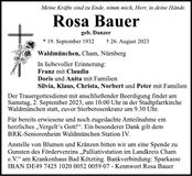 Traueranzeige Rosa Bauer