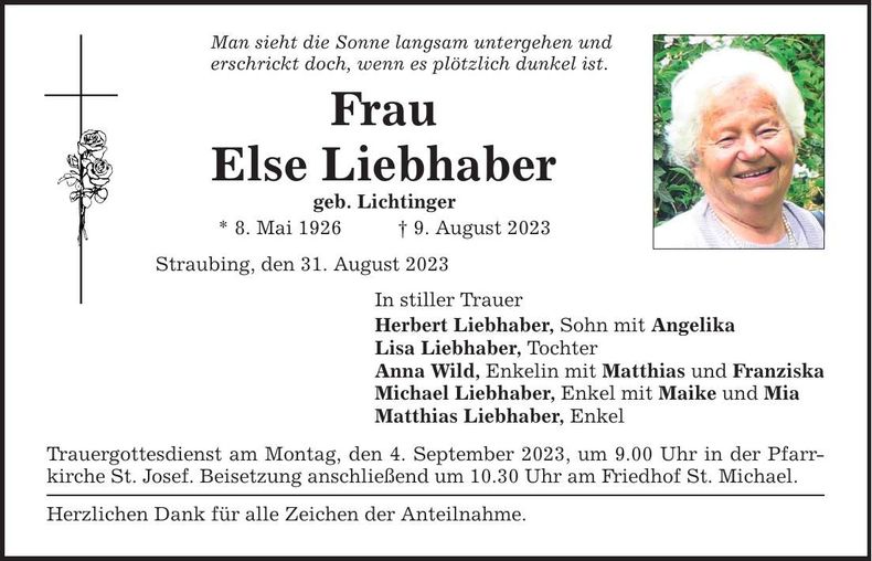 Traueranzeige Else Liebhaber