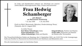 Traueranzeige Hedwig Schamberger