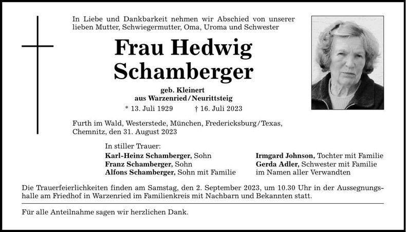 Traueranzeige Hedwig Schamberger