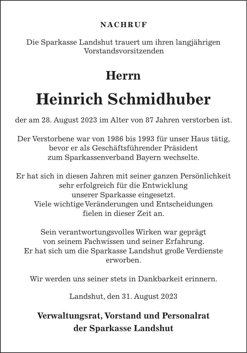 Traueranzeige Herinrich Schmidhuber