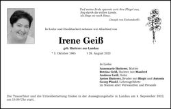 Traueranzeige Irene Geiß