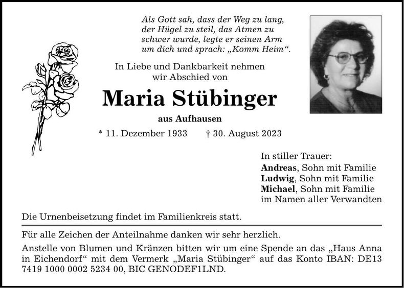 Traueranzeige Maria Stübinger