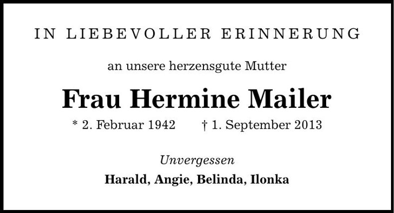 Traueranzeige Hermine Mailer