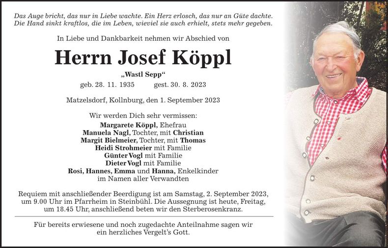 Traueranzeige Josef Köppl