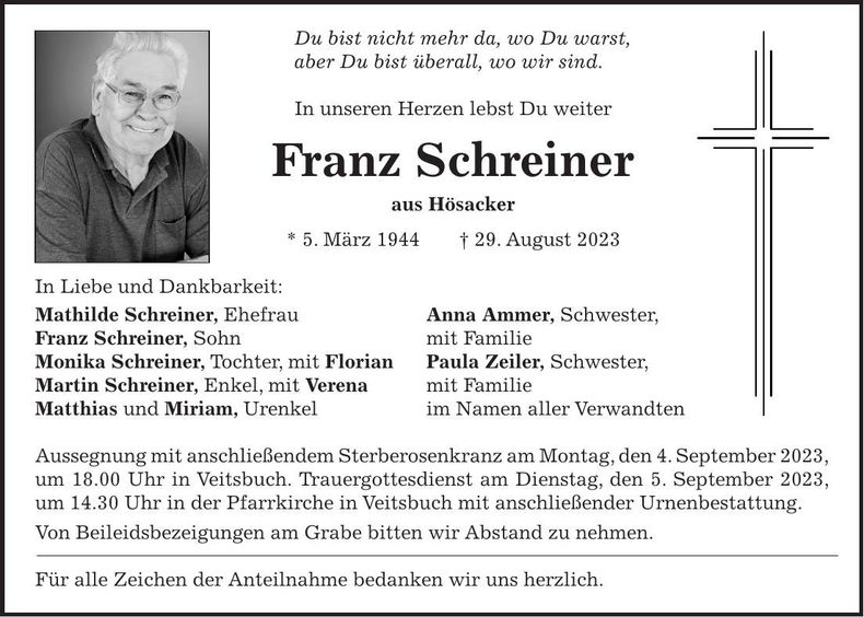 Traueranzeige Franz Schreiner