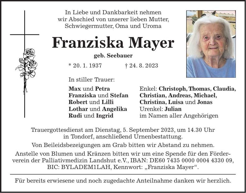 Traueranzeige Franziska Mayer
