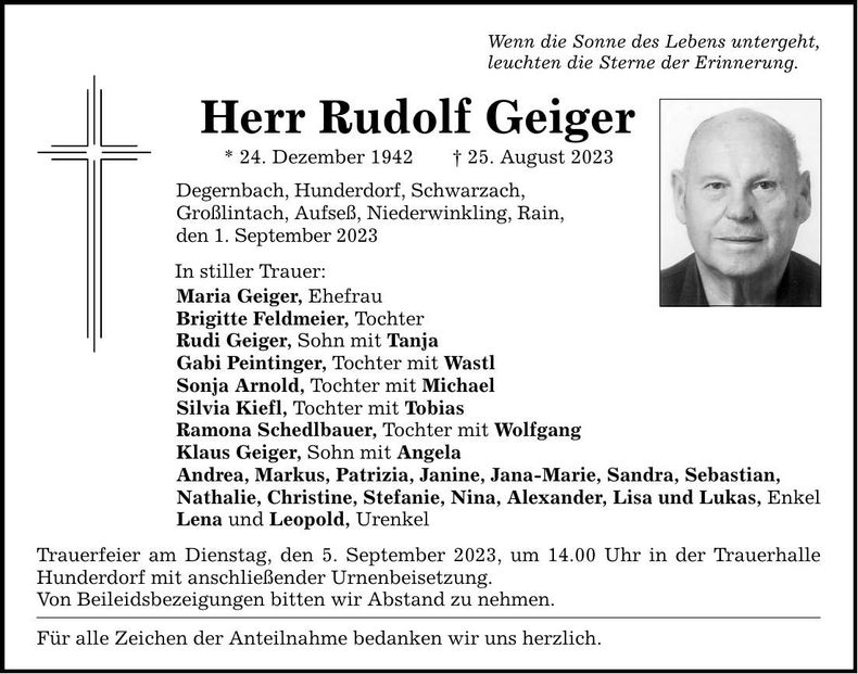 Traueranzeige Rudolf Geiger