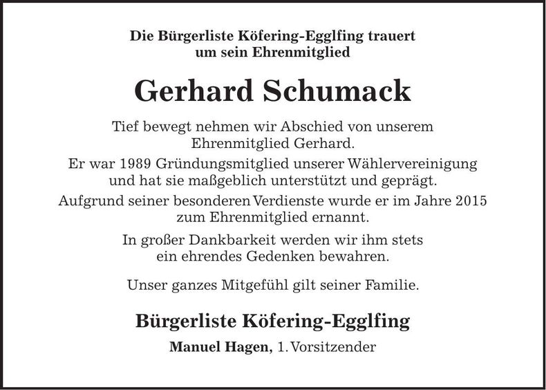 Traueranzeige Gerhard Schumack