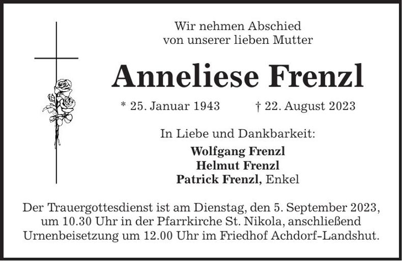 Traueranzeige Anneliese Frenzl