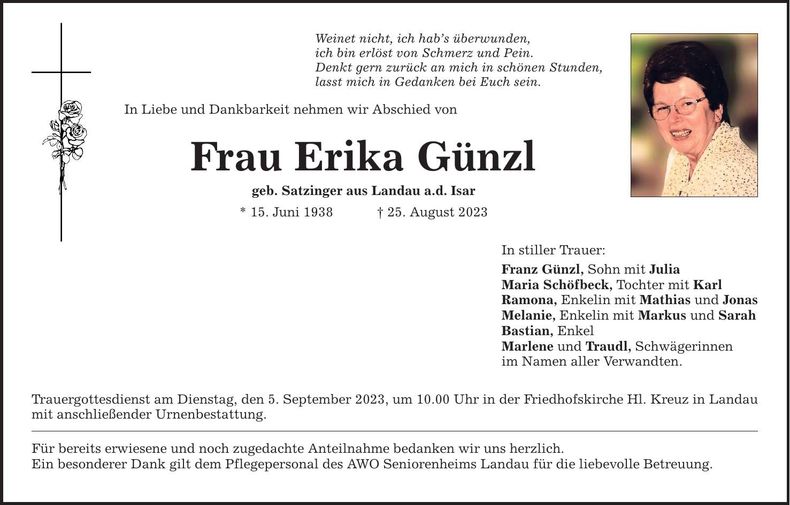 Traueranzeige Erika Günzl
