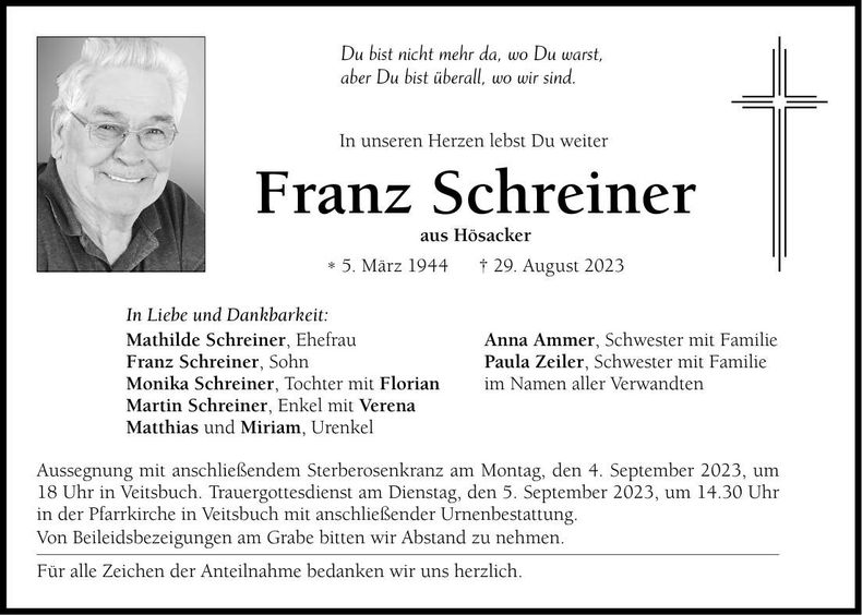 Traueranzeige Franz Schreiner