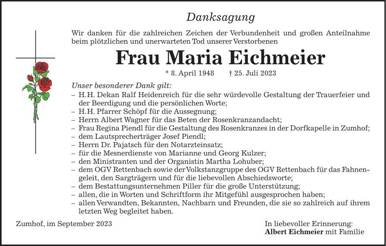 Traueranzeige Maria Eichmeier