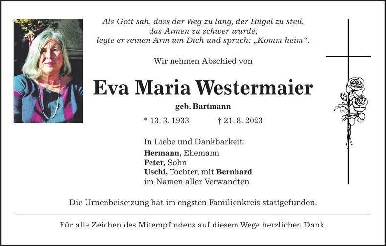 Traueranzeige Eva Maria Westermaier