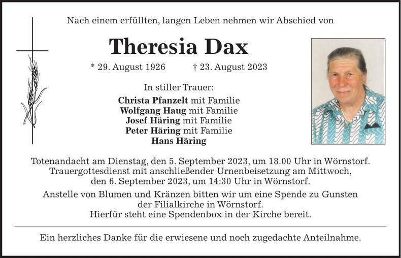 Traueranzeige Theresia Dax