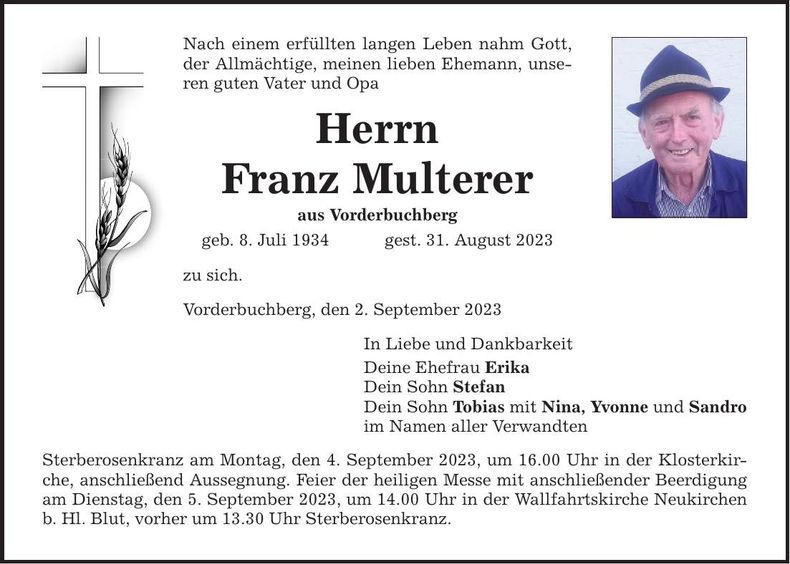 Traueranzeige Franz Multerer