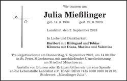 Traueranzeige Julia Mießlinger