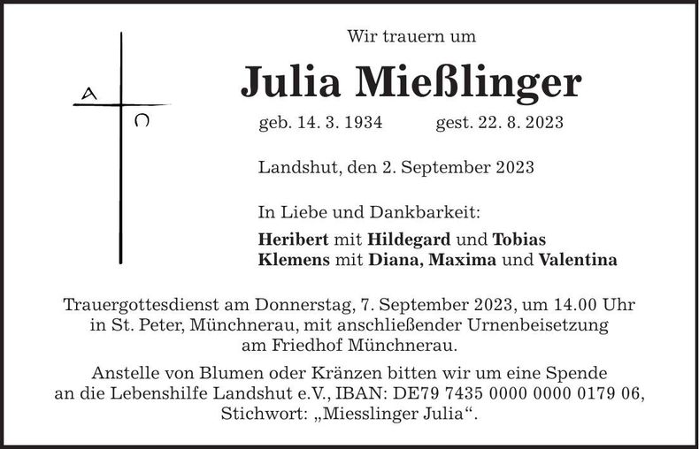 Traueranzeige Julia Mießlinger