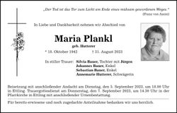 Traueranzeige Maria Plankl