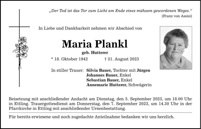 Traueranzeige Maria Plankl