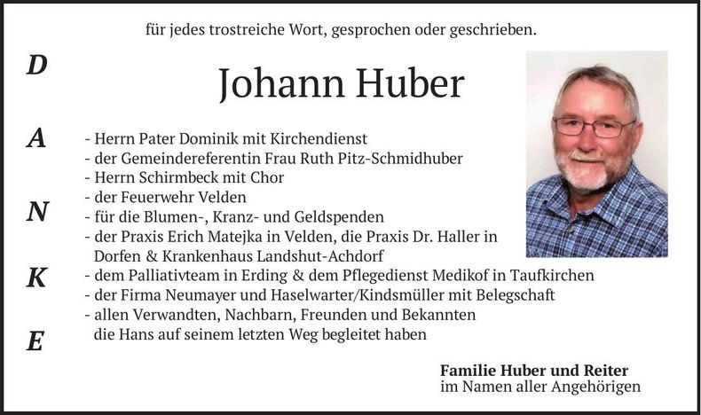 Traueranzeige Johann Huber