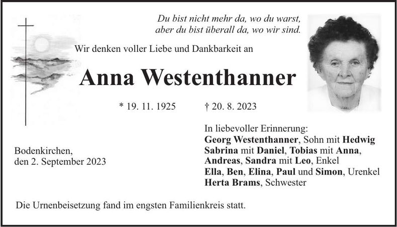 Traueranzeige Anna Westenthanner