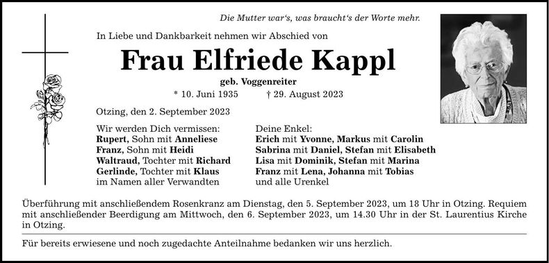 Traueranzeige Elfriede Kappl