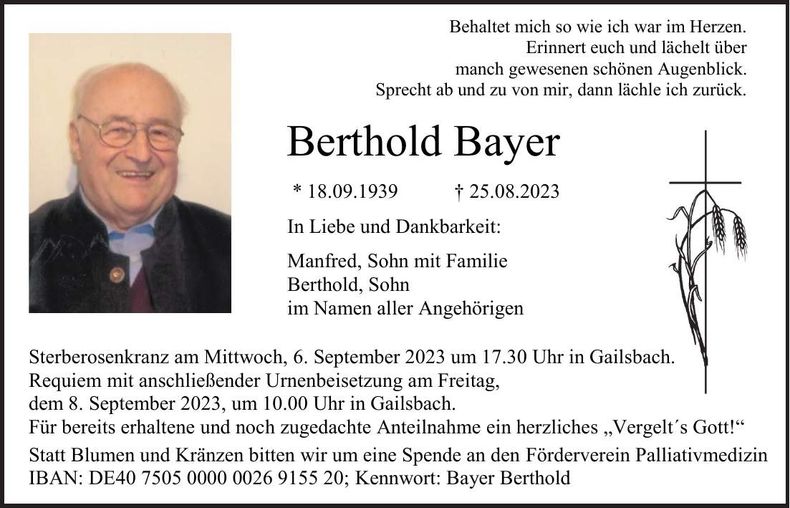 Traueranzeige Berthold Bayer