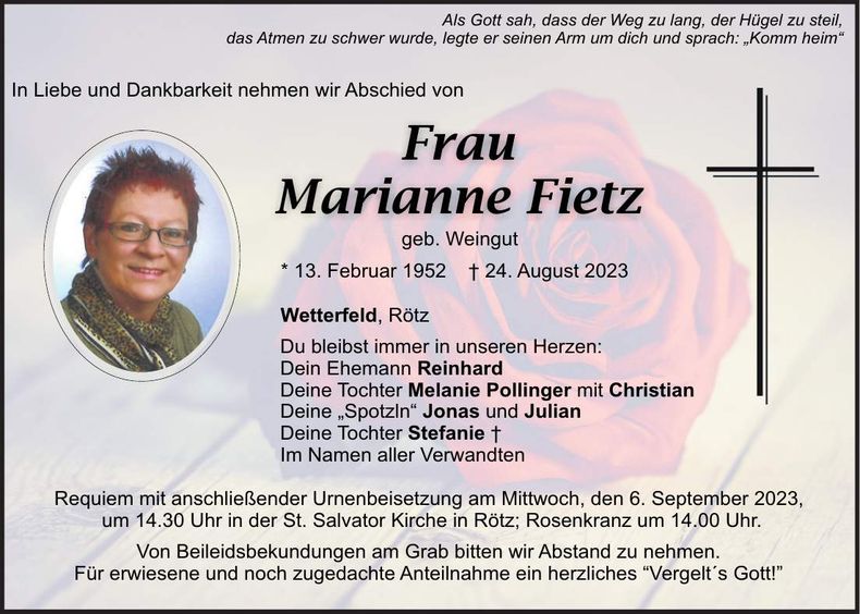 Traueranzeige Marianne Fietz