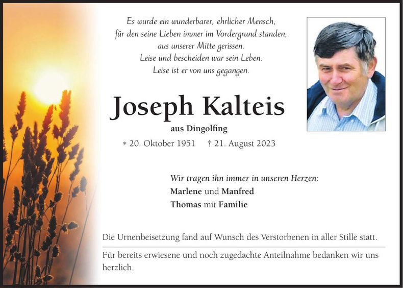 Traueranzeige Joseph Kalteis